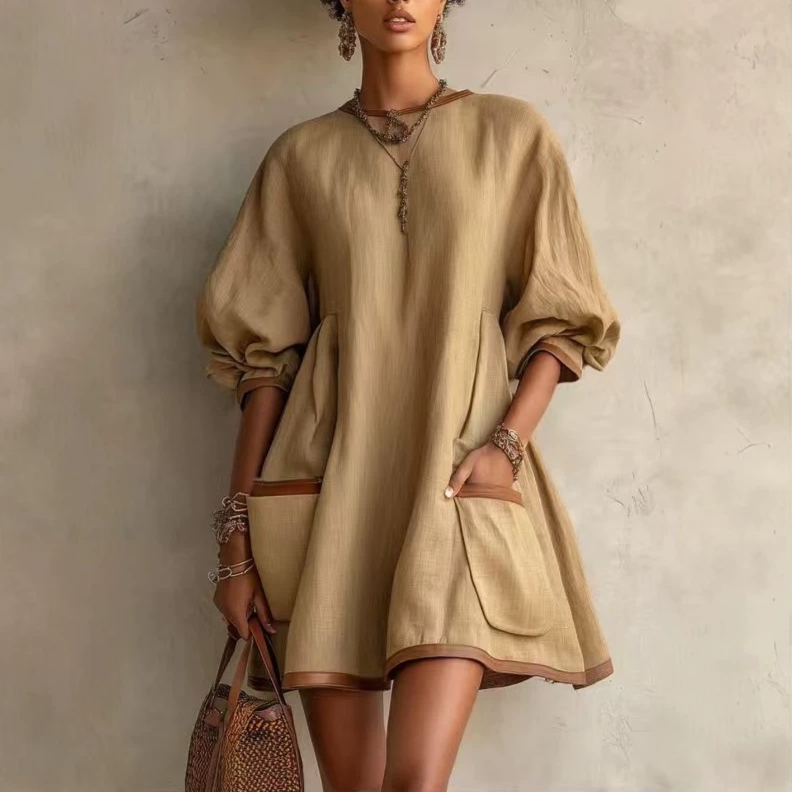 Women's Color-Block Round-Neck Lantern-Sleeve Casual Loose-Fit Dress