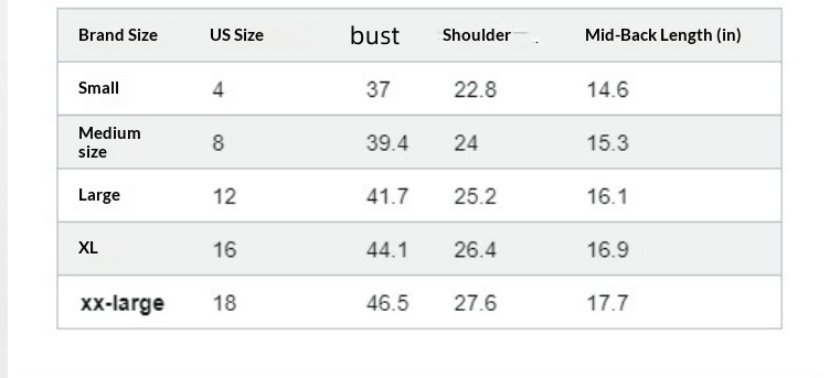 Original supplier size chart for cropped faux-fur bolero vest, Small to XX-large