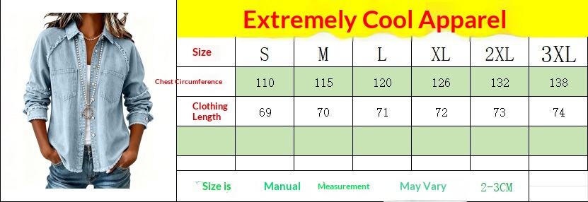 Original supplier chest circumference and clothing length chart for denim shirt jacket, sizes S to 3XL