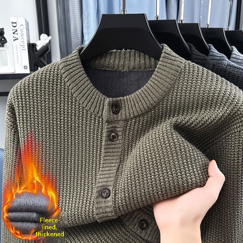 Solid-color Button-front Cardigan Sweater Loose-fit Crew-neck Top