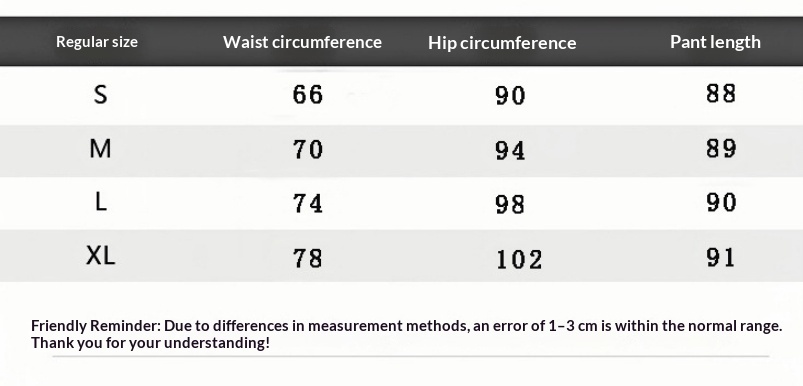 Supplier size chart for black leather-look cropped trousers, showing waist circumference, hip circumference and trouser length for S to XL