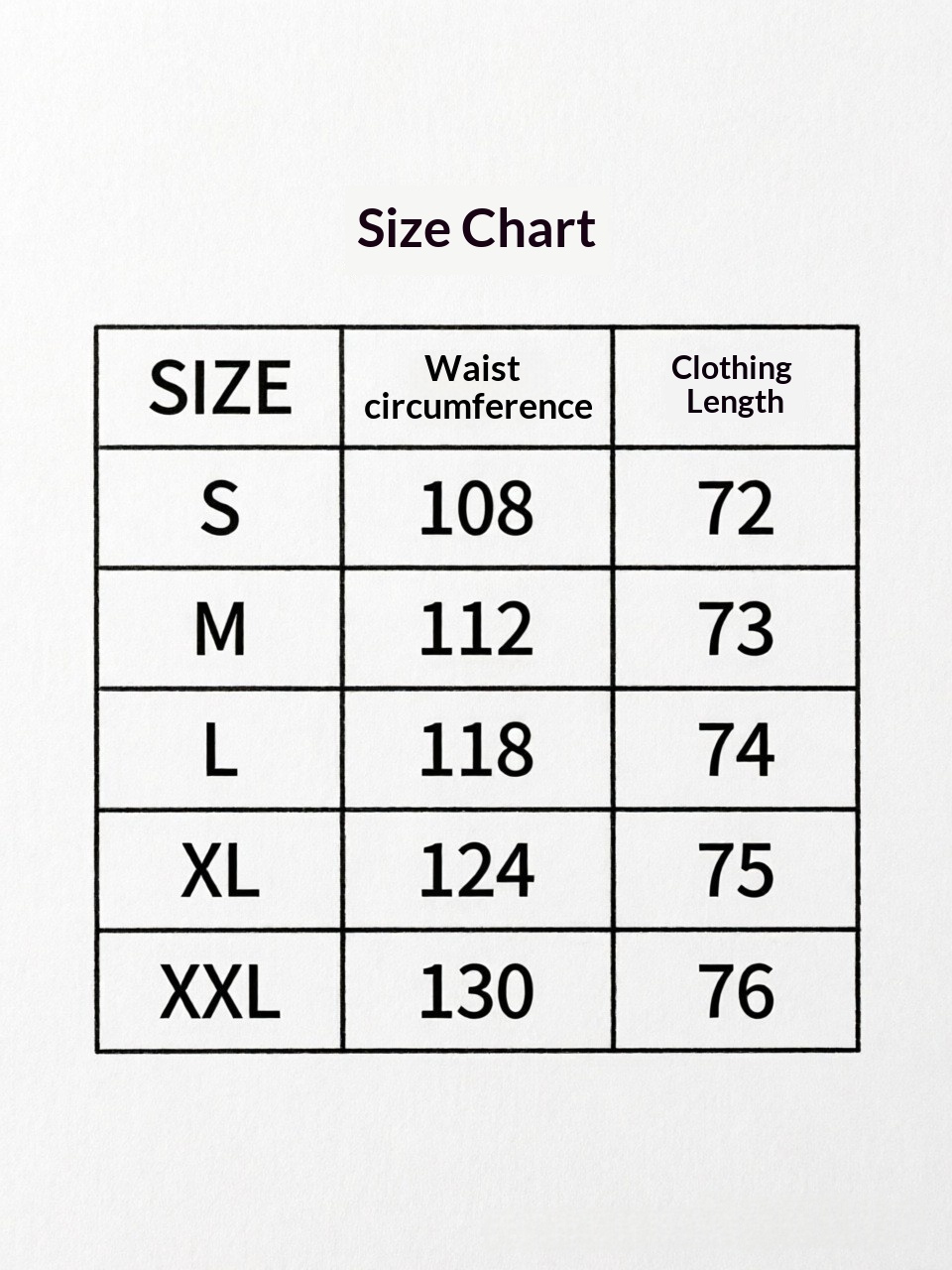 Original supplier waist circumference and clothing length chart for colour-block shirt jacket, sizes S to XXL