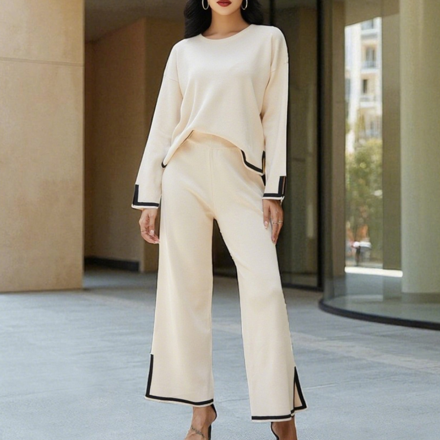 Women's Slit Long-sleeve Top And Wide-leg Pants
