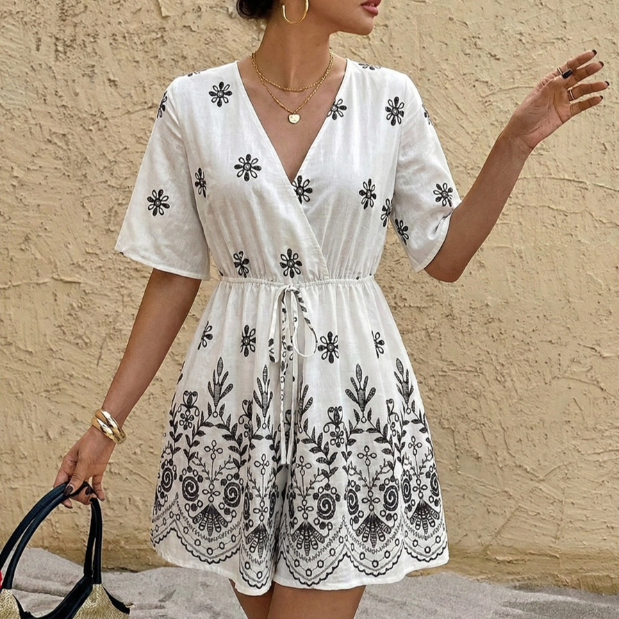 V-neck Printed Waist-cinching Drawstring Floral-print Jumpsuit Shorts