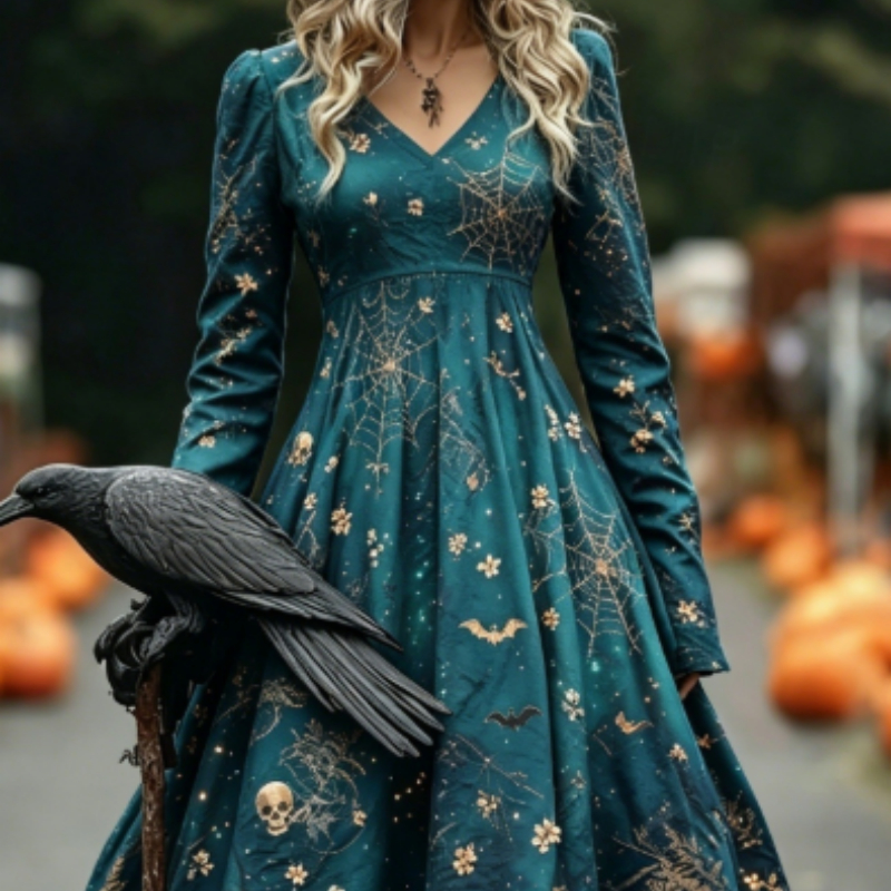 Women's Halloween-print Long-sleeve Casual Dress