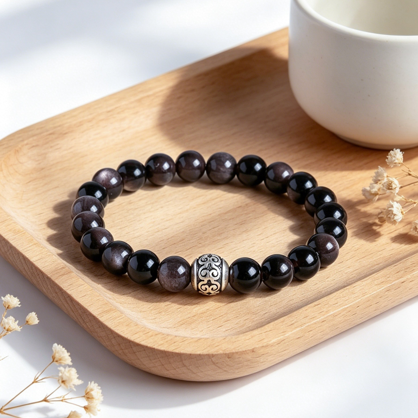 Natural Silver Sheen Obsidian Bead Couple Bracelet