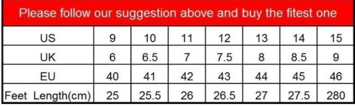 Supplier size chart for slip-on slipper boots