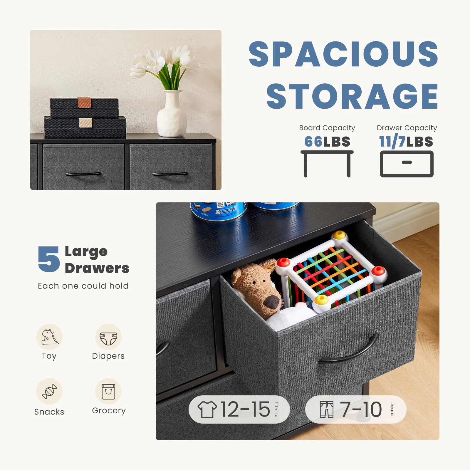 Dresser For Bedroom Storage Drawers Fabric Storage Tower With 5 Drawers, Chest Of Drawers With Fabric Bins image 16