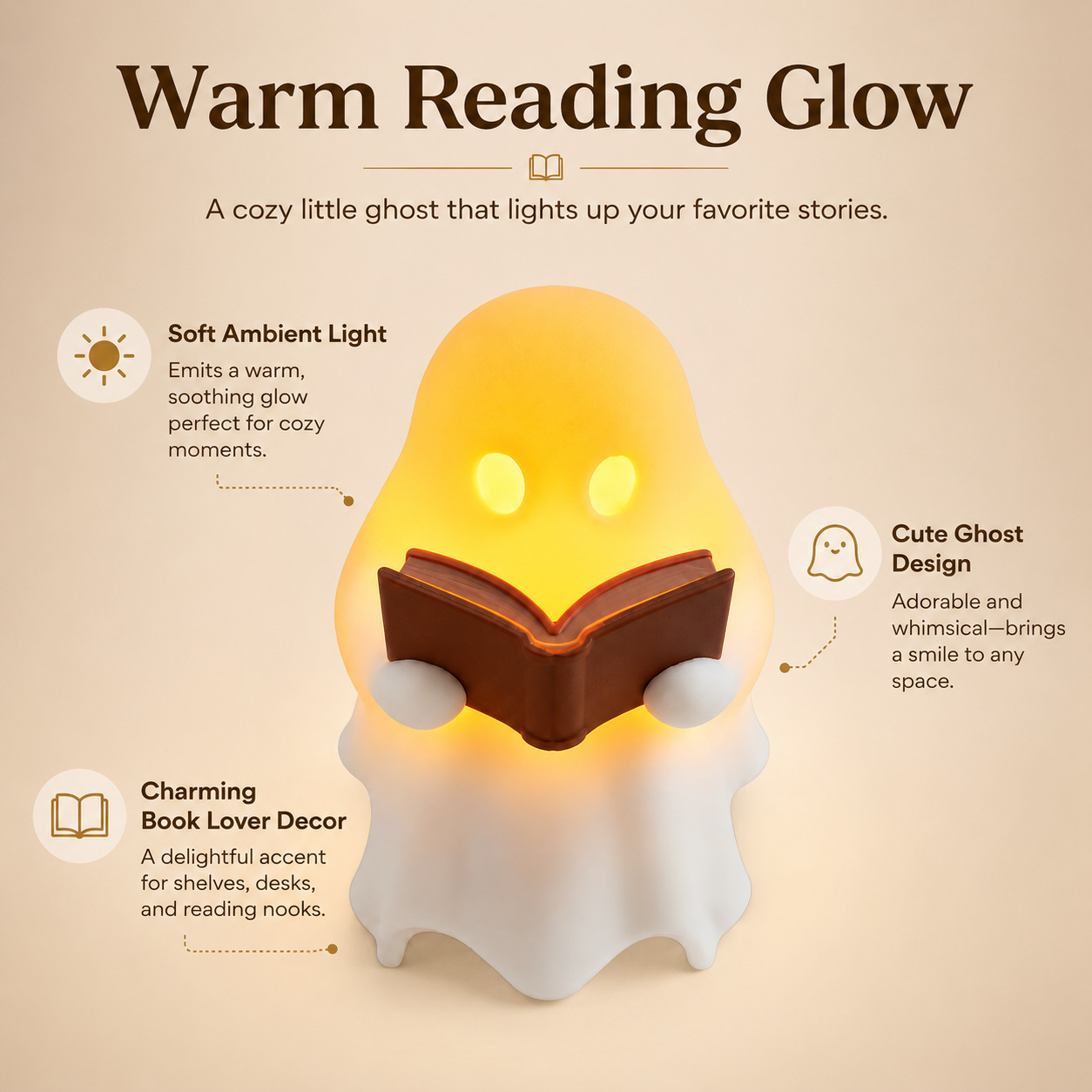 Cute Ghost Reading Book Lamp (5X6.5X6.8 cm-Not included