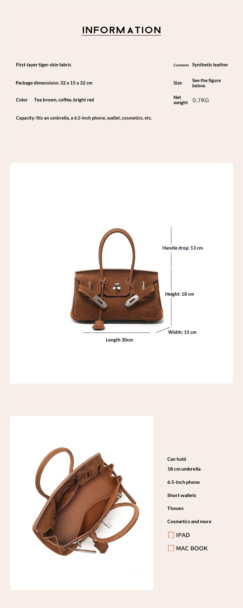Original bag guide showing 30 cm width, 18 cm height, 15 cm depth and 13 cm handle drop