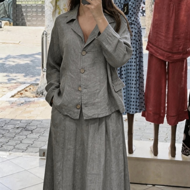 New Commuter-style Lapel-collar Loose-fitting Long Skirt And Breathable Top Set