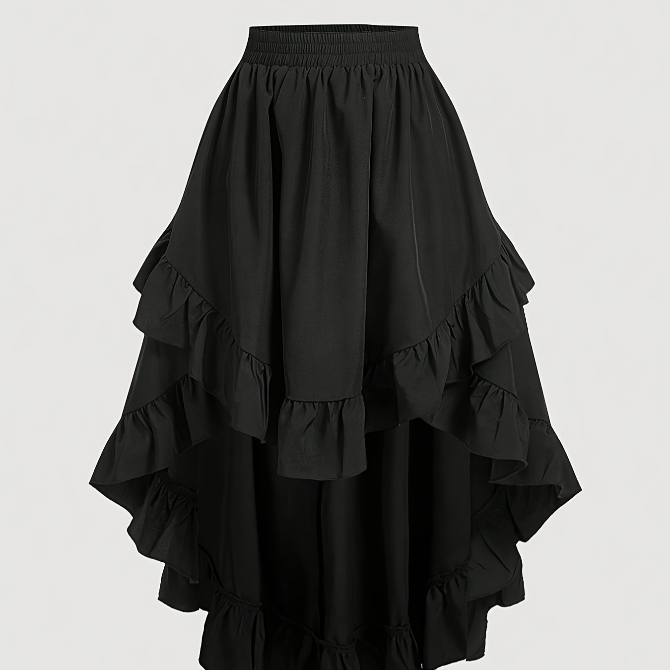 Elastic-waist Asymmetrical Ruffled Hem Short-front-long-back Skirt