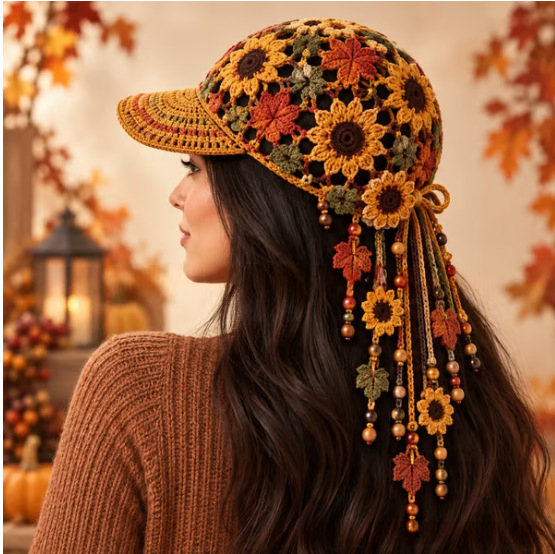 New Handmade Crocheted Autumn Flower Hat