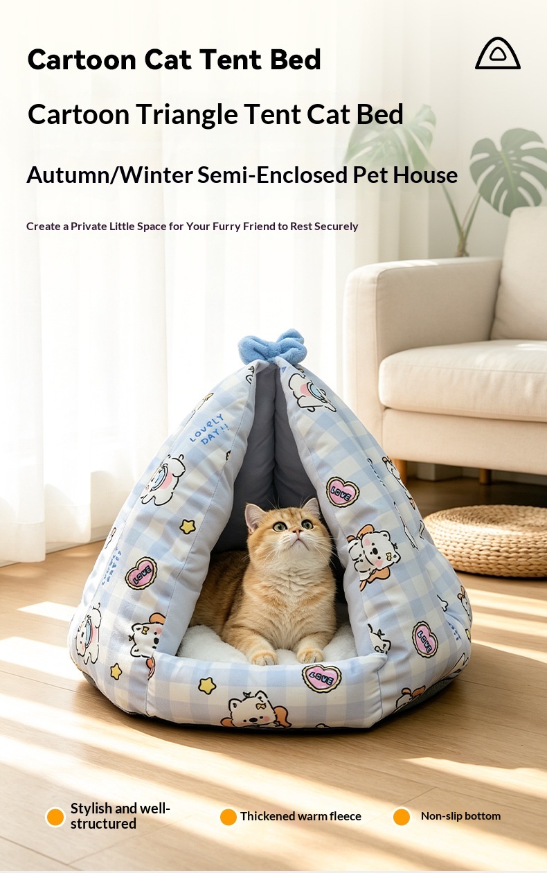 Closed Triangular Cat Tent Bed - Cute Cartoon Pet House for Autumn Winter Indoor Use detail photo 2