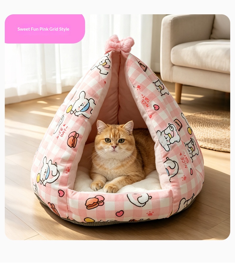 Closed Triangular Cat Tent Bed - Cute Cartoon Pet House for Autumn Winter Indoor Use detail photo 3