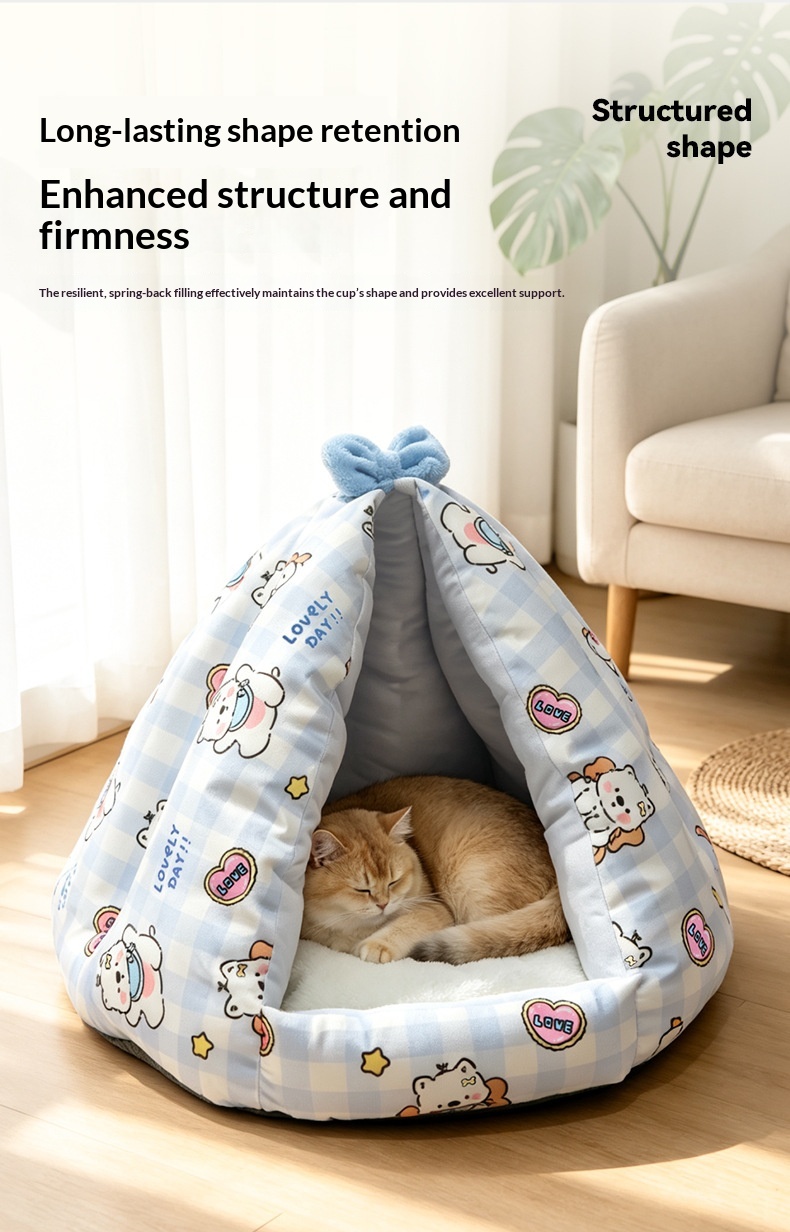 Closed Triangular Cat Tent Bed - Cute Cartoon Pet House for Autumn Winter Indoor Use detail photo 6