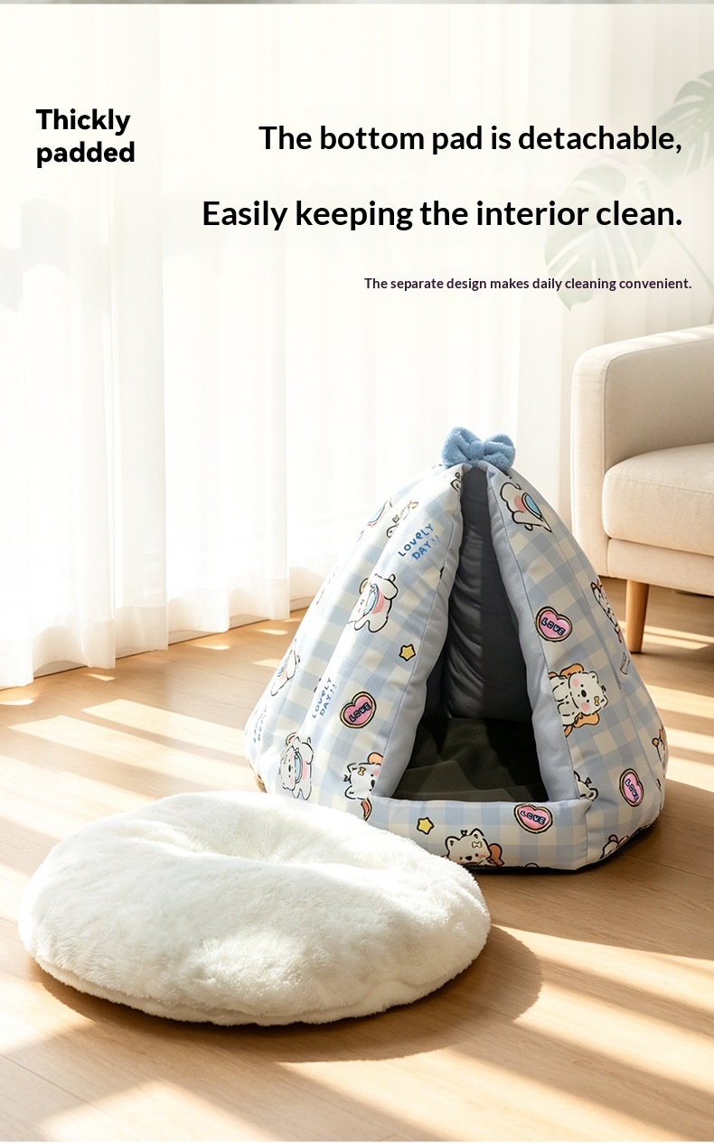 Closed Triangular Cat Tent Bed - Cute Cartoon Pet House for Autumn Winter Indoor Use detail photo 8