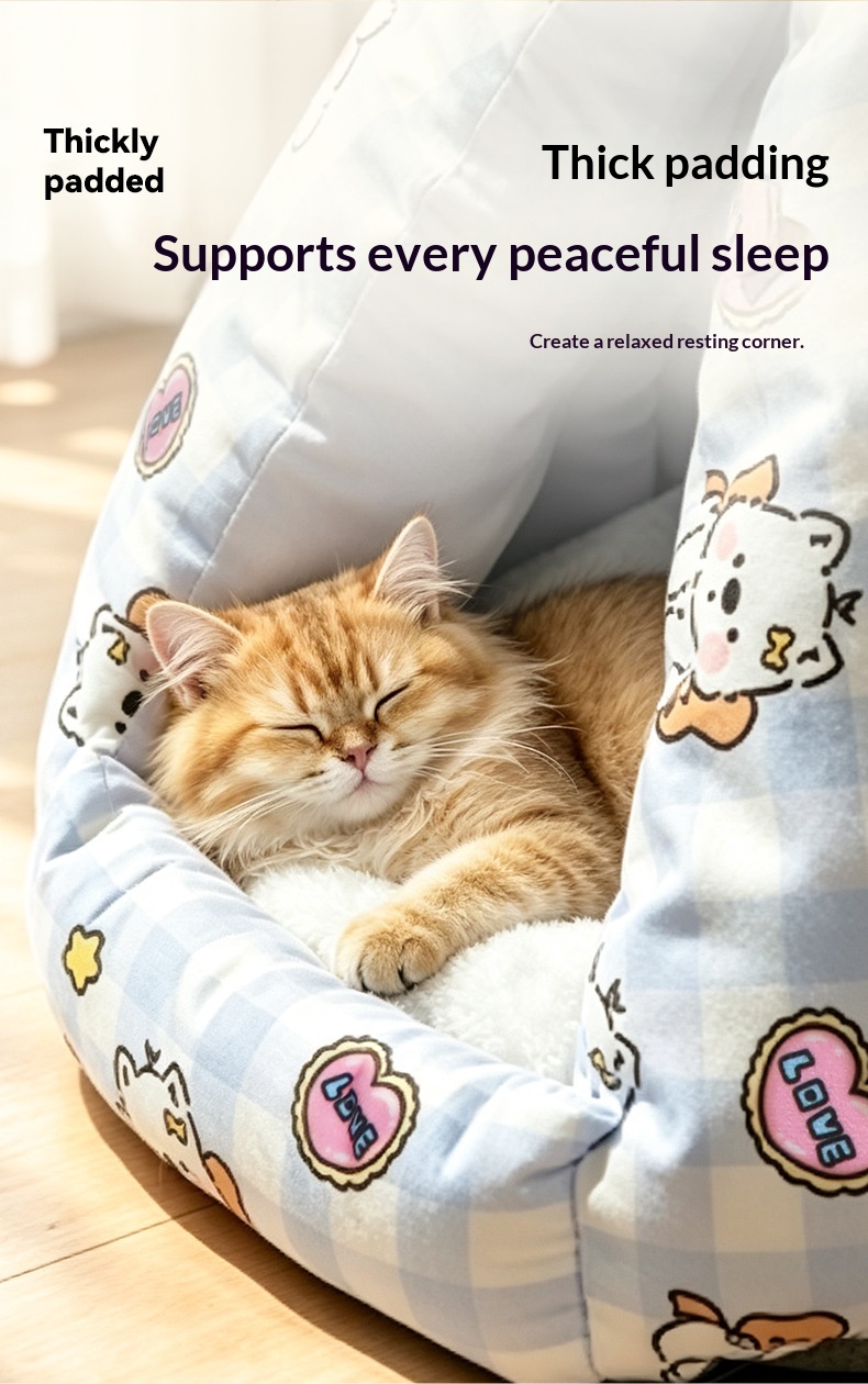 Closed Triangular Cat Tent Bed - Cute Cartoon Pet House for Autumn Winter Indoor Use detail photo 5