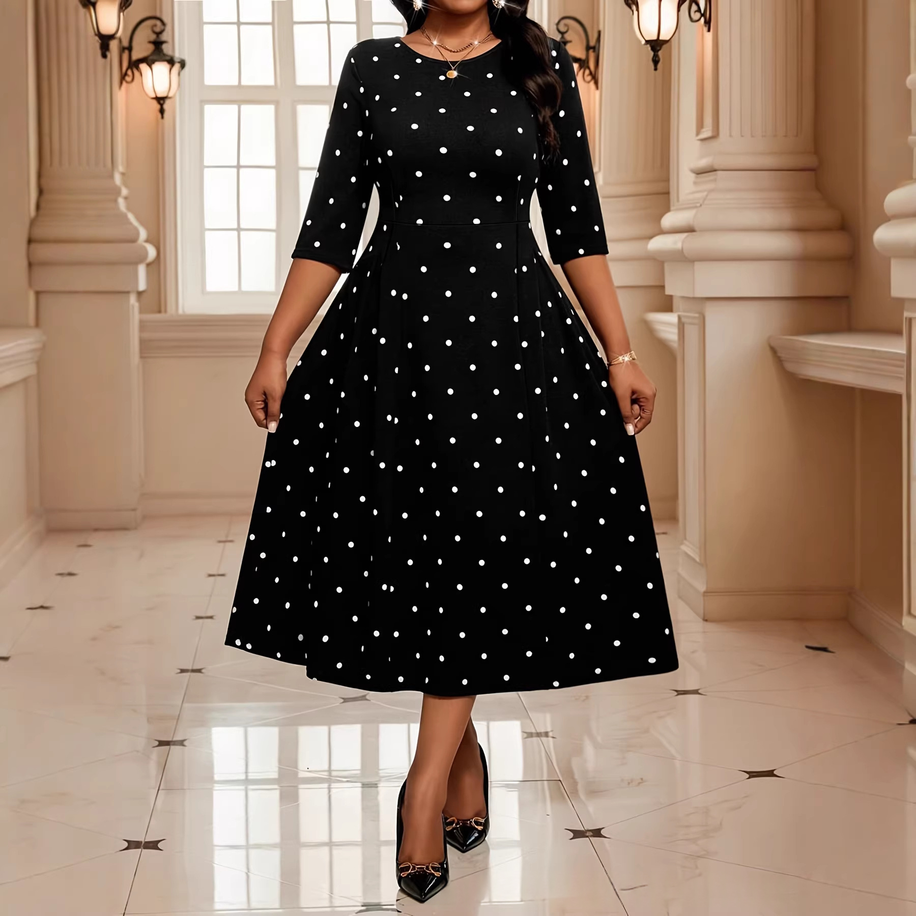 Women's Elegant Polka-dot Printed Round-neck Long-sleeve Pocket Dress