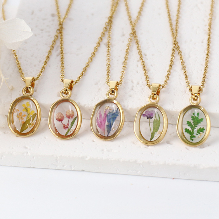 Natural Preserved Real Flower Pendant Long Necklace Summer Beach Vacation Photo Accessory For Women
