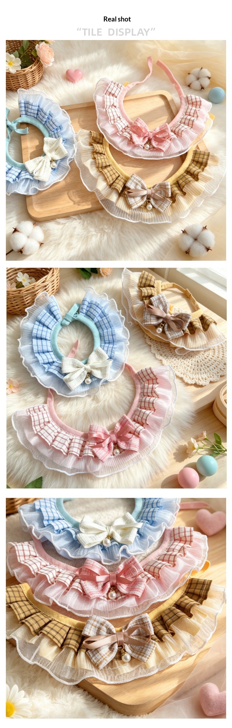 Lace Scarf Small To Medium-sized Plaid Bow Pearl Collar Decoration detail photo 4