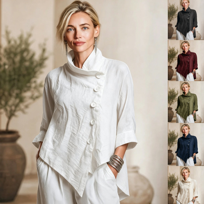Jachetă față din twill retro casual pentru femei, cu guler asimetric