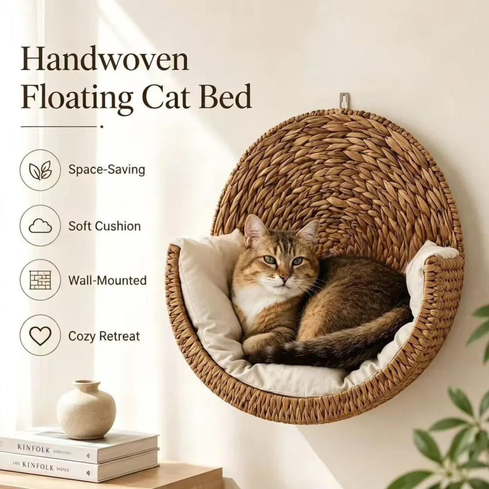 Comfortable Elevated Hand-Woven Wall-Mounted Cat Bed