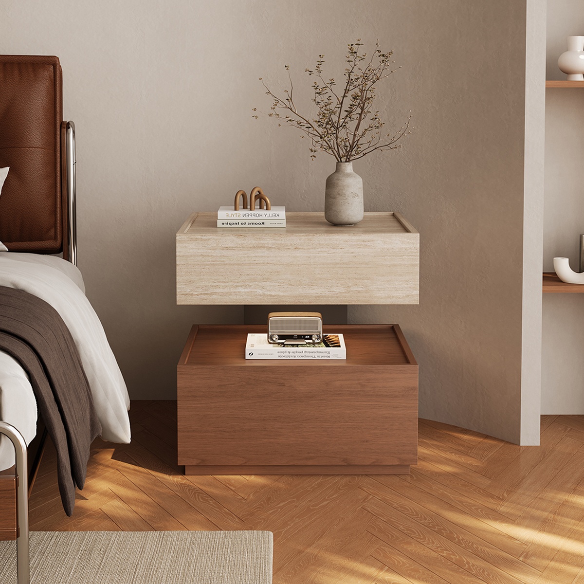 Bedside Table In Solid Wood Mid-century Style With Cave Stone Accents