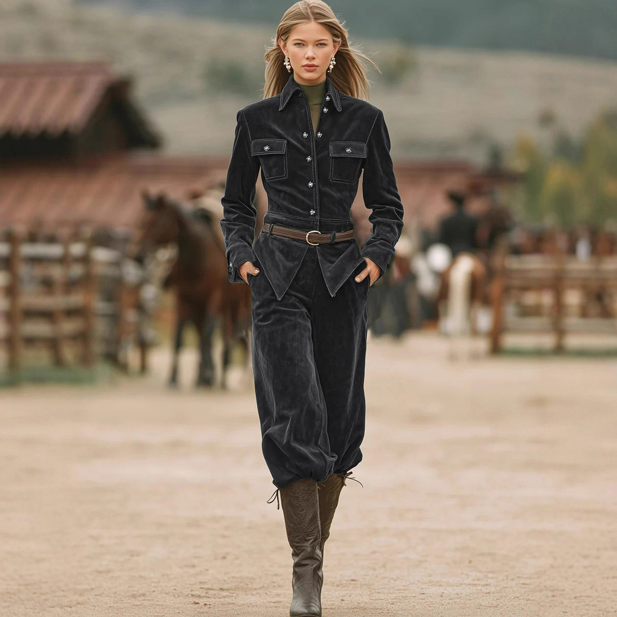 Coordinated corduroy-style jacket and pants set, source reference image