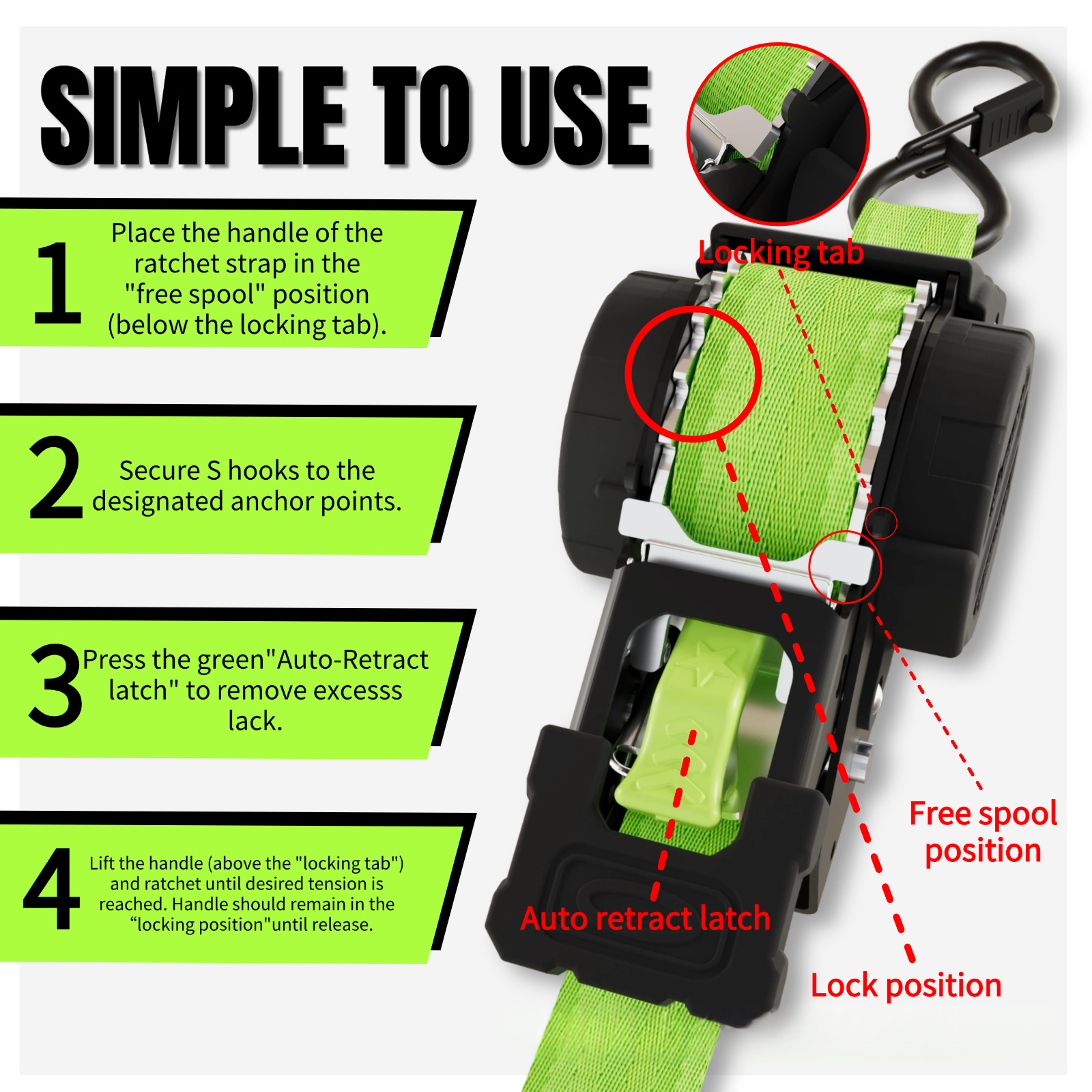 Automatic Retractable Polyester Cargo Strap Tightener