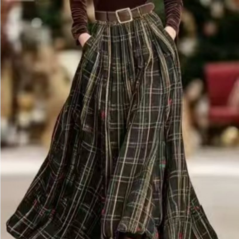 High-waisted Elastic Waist Red Plaid Midi Skirt With A Flared Hem