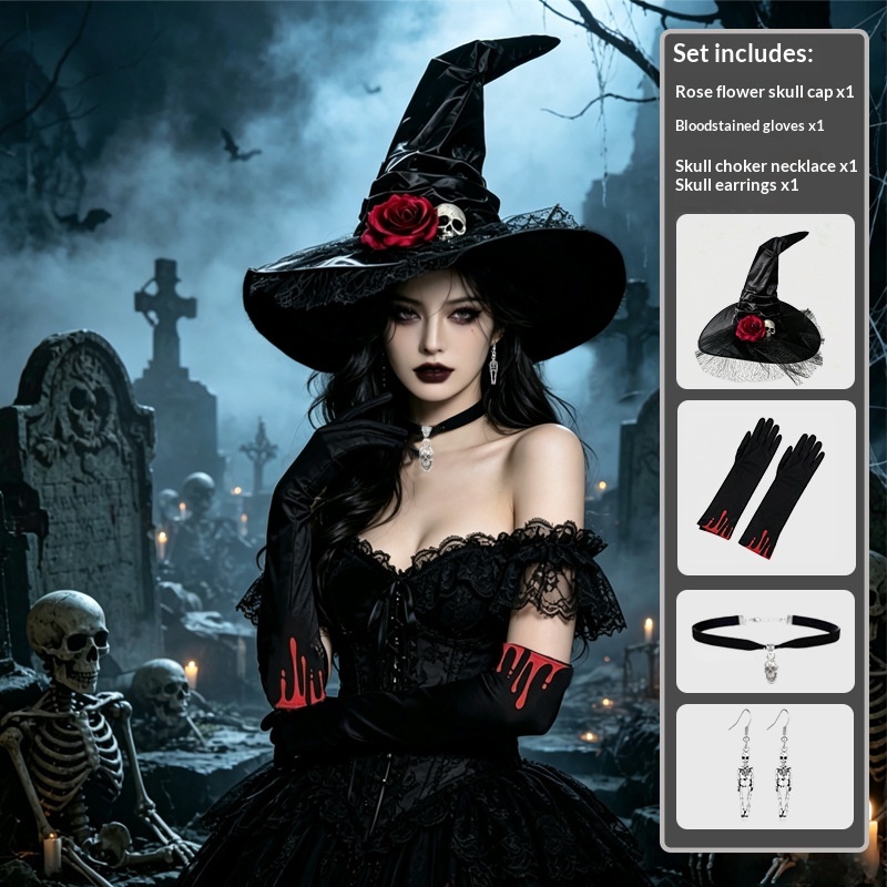 Pălărie neagră de vrăjitoare de Halloween, mănuși, colier de păianjen și accesorii pentru autocolante pentru tatuaje