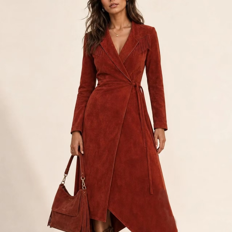 Retro Suede Tassel Trench Coat-style Long-sleeve Dress