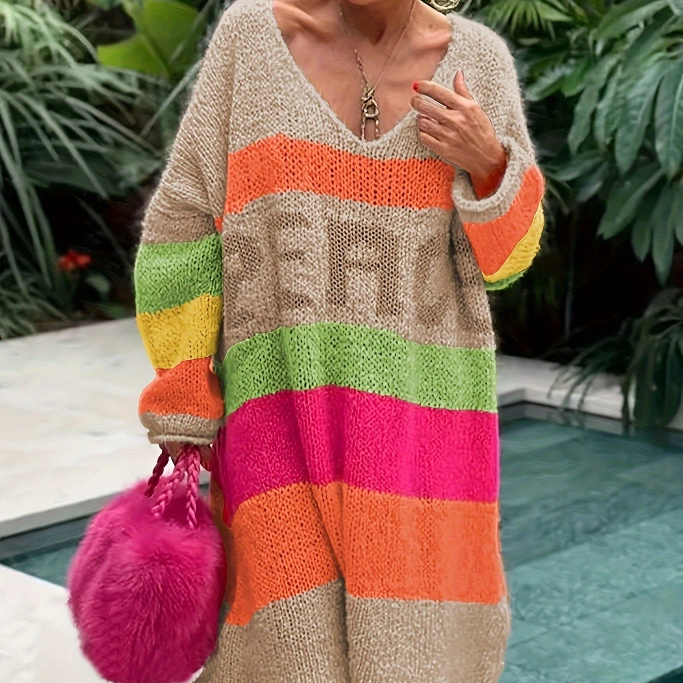 Round-neck Letter-print Rainbow-striped Loose Mid-length Knitted Dress