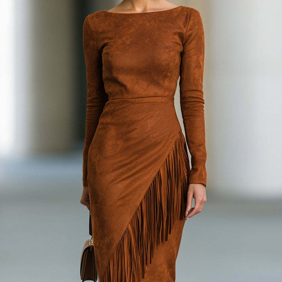 Elegant Long-sleeved Tassel Suede Dress