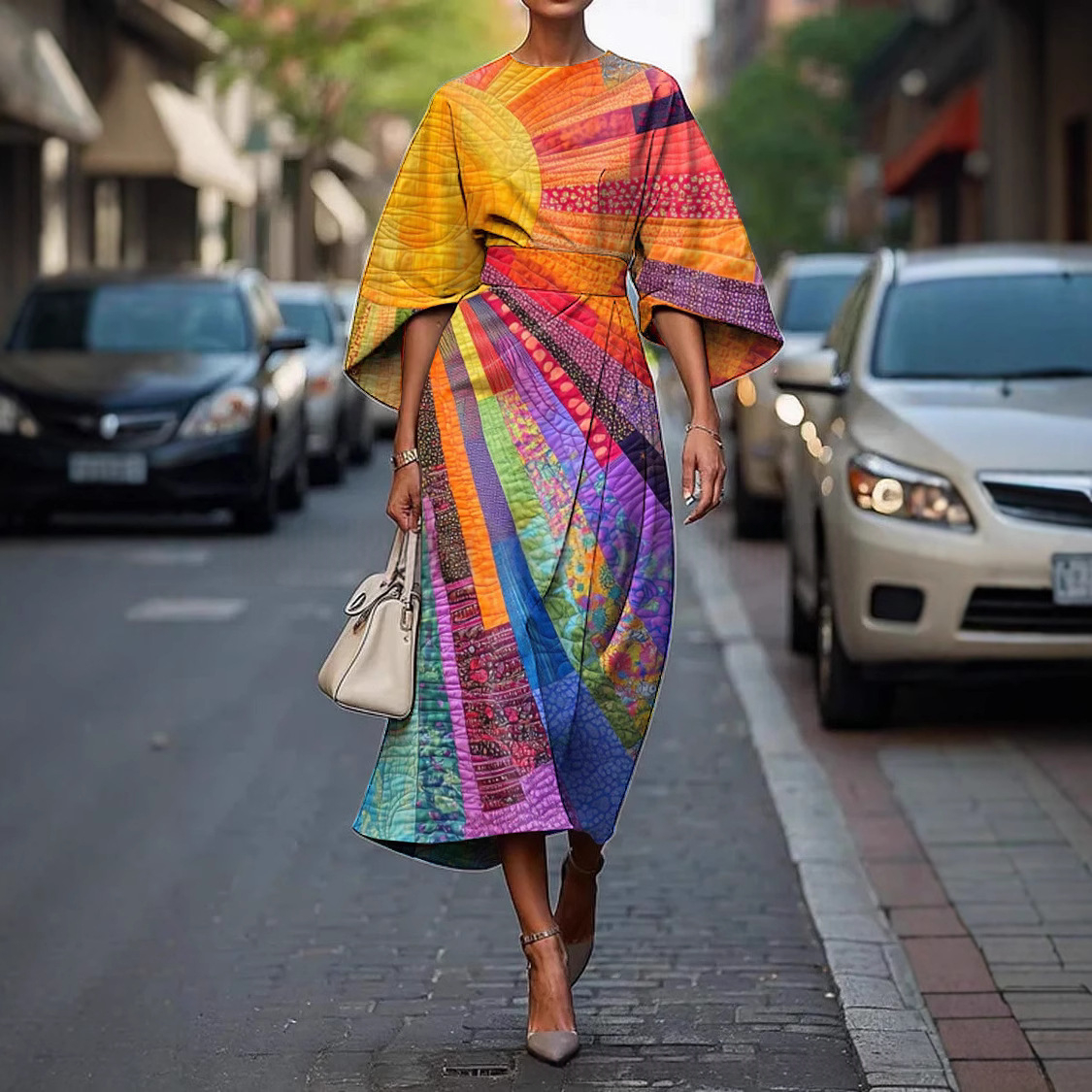 Abstract Irregular Cropped Batwing-Sleeve Maxi Dress