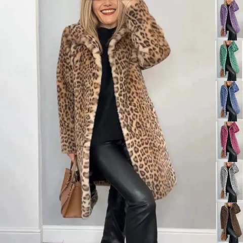 Leopard Print Plush Mid-Length Coat Women's Warm Faux Fur