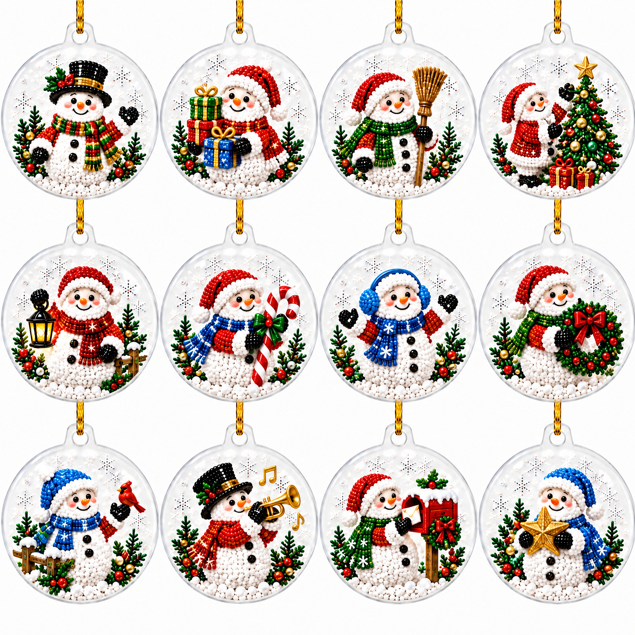 12-Piece Set Of Round Pearl And Rhinestone Christmas Snowman Ornaments