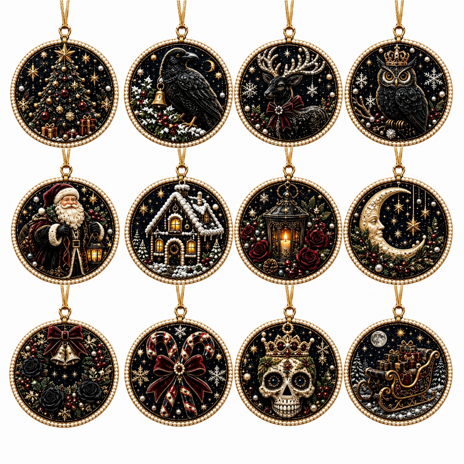 Gothic Christmas Round Colored Diamond Ornaments Set Of 12