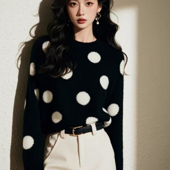 Black Polka-dot Loose Soft-knit Sweaterunique And Beautiful