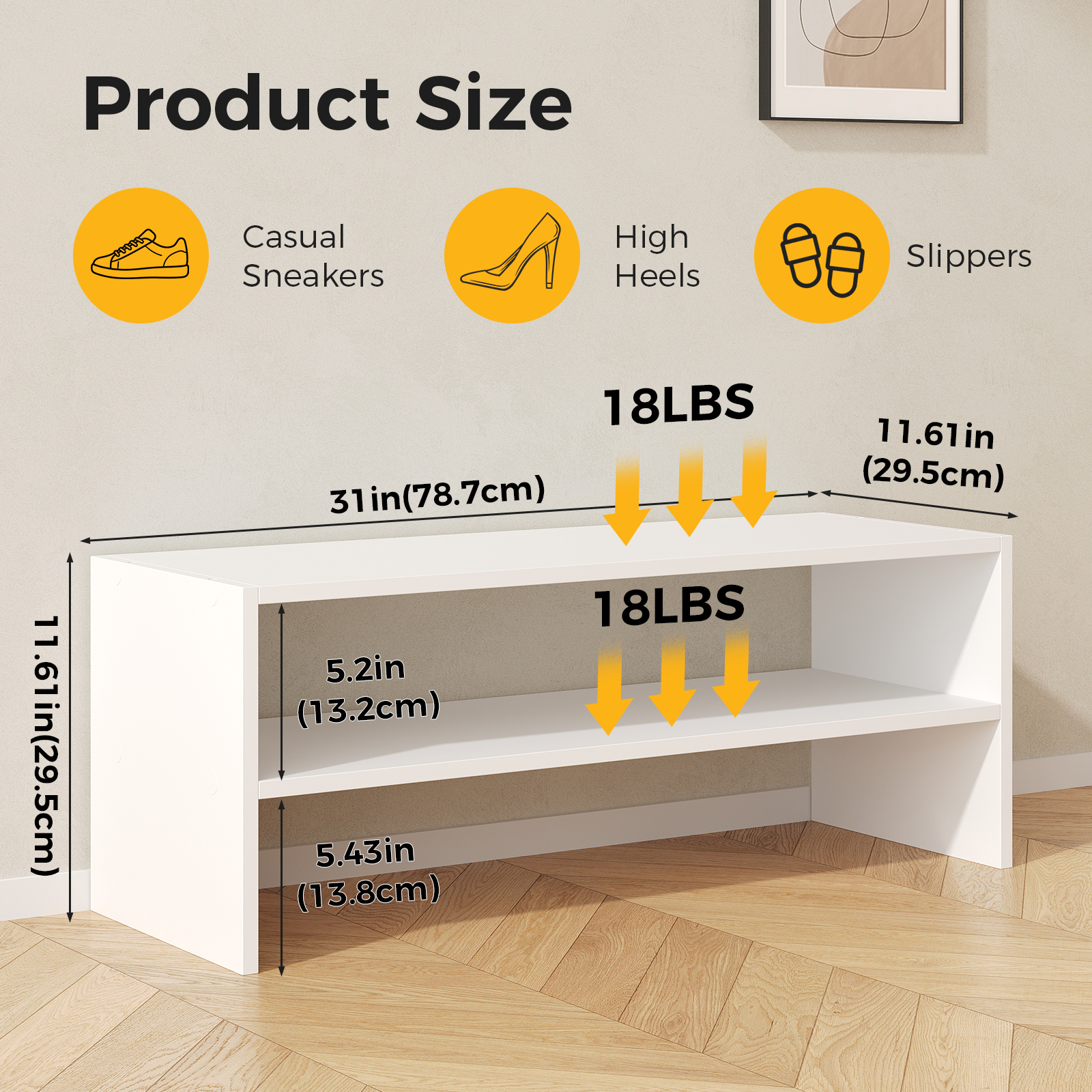 2-Tier Storage Shelf, Floor Standing Organizer, Space-Saving Rectangular Unit For Closet, Bedroom, Living Room, White image 10