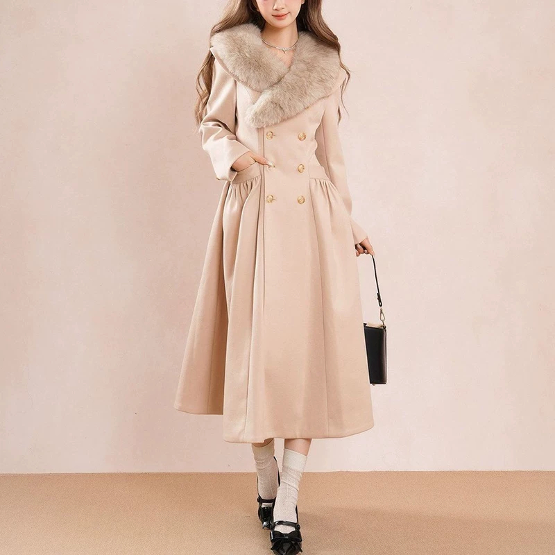 Guler din piele Qianjin îngroșat cu buton dublu Tweed Coat