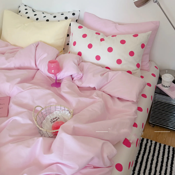 Korean Style Blogger's Pink Polka Dot Cotton Four-piece Bedding Set
