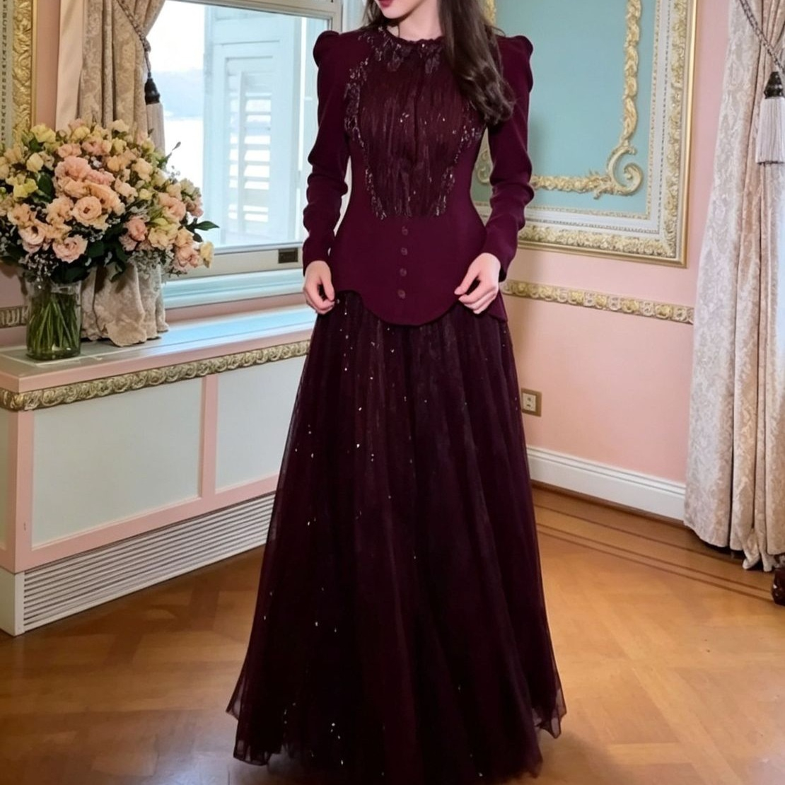 Long Dress Set Vintage Round-neck Evening Gown For Banquets