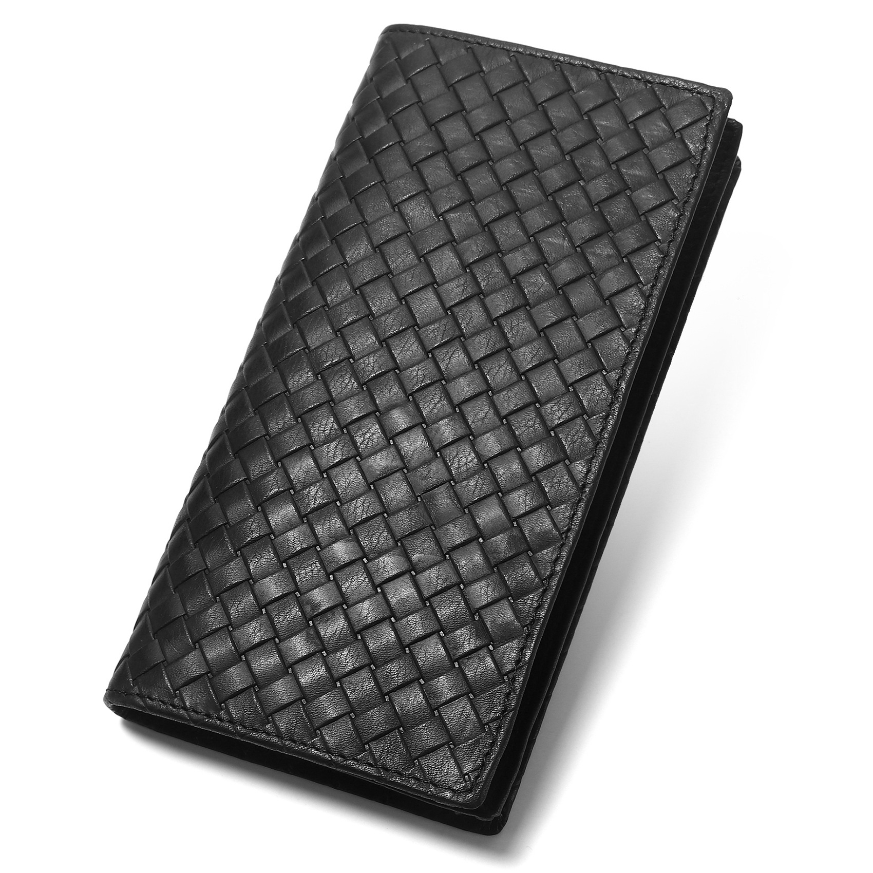 Men's Textured Leather Long Wallet - black woven-look surface and stitched edge detail