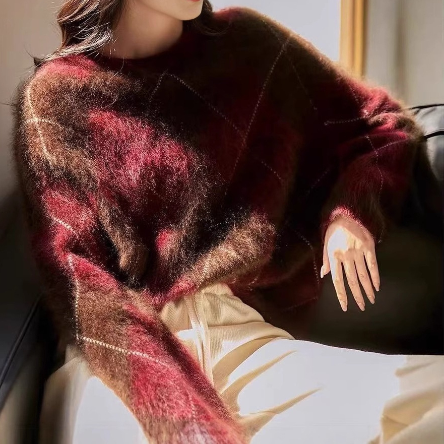 Jacquard Cashmere Sweater Autumn Diamond Pattern Knit Ultra Warm