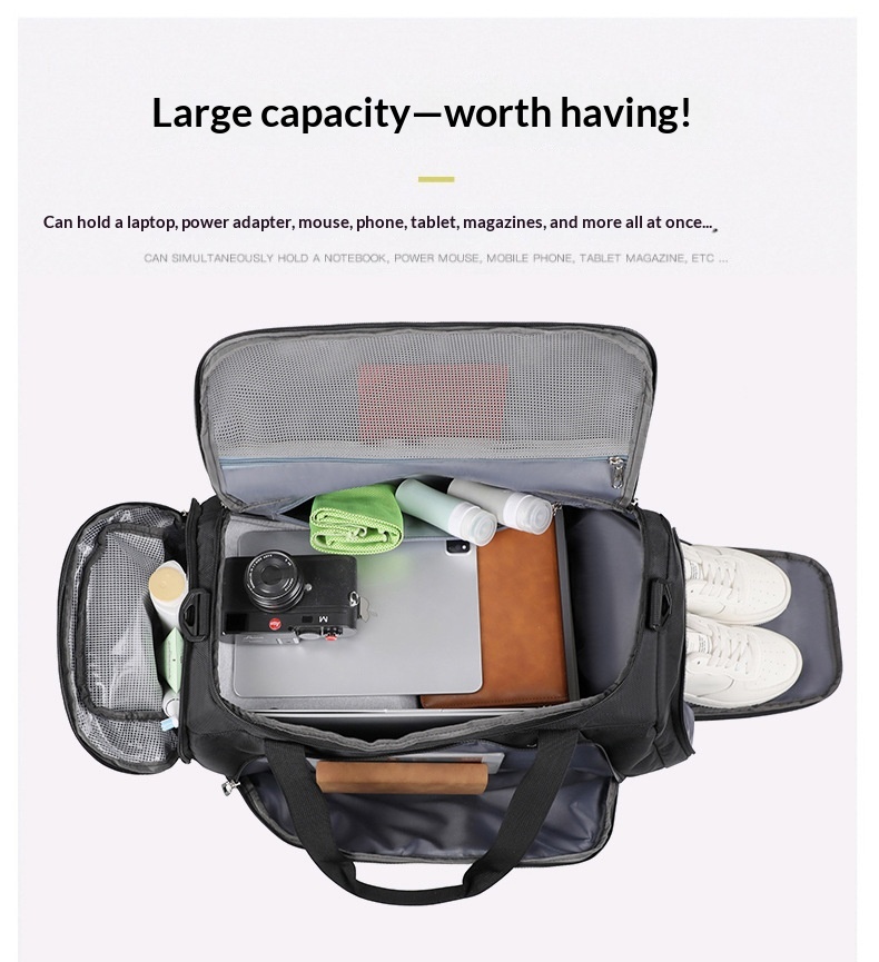 Convertible Travel Duffel Bag with Shoe Compartment - open interior showing mesh storage and separate shoe compartment