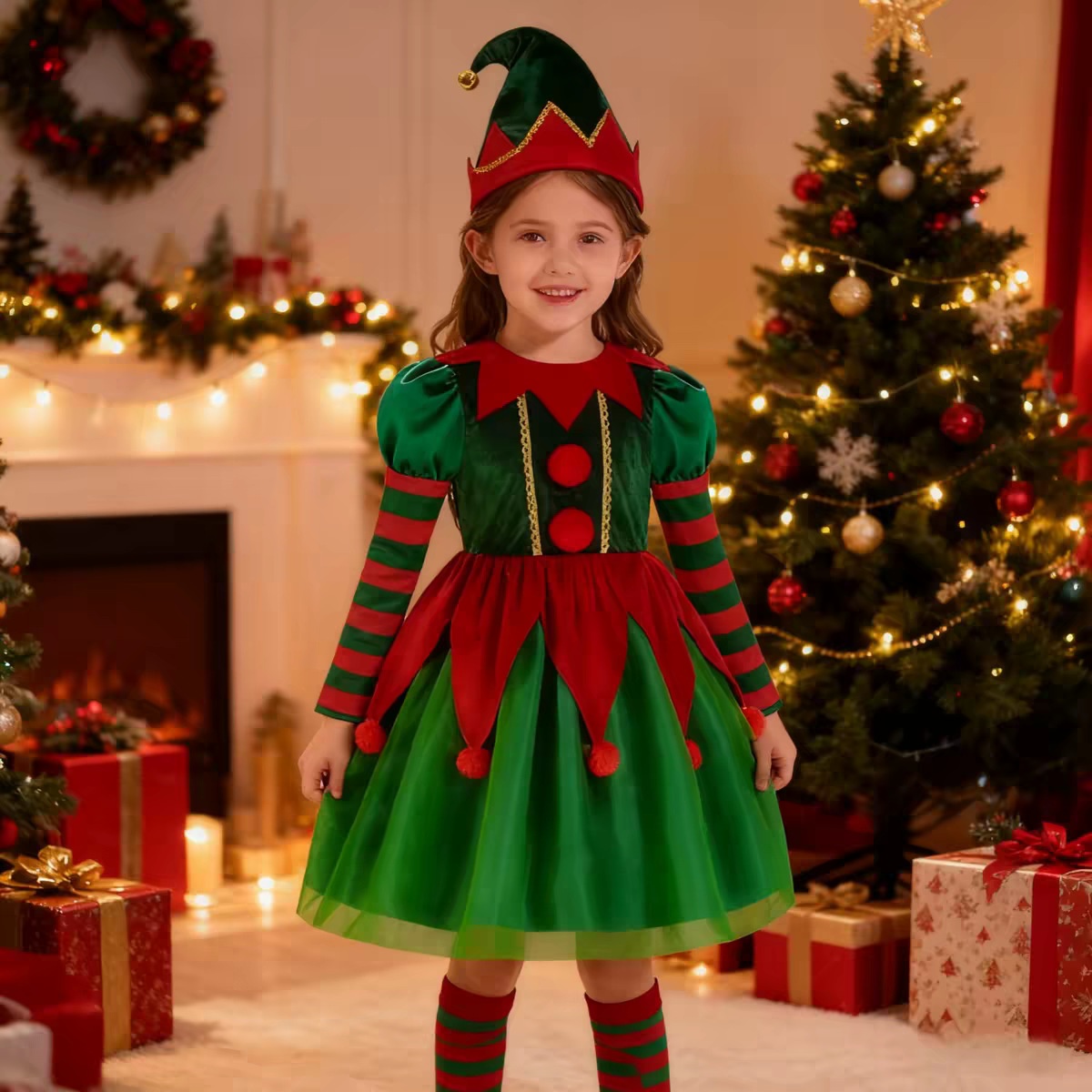 Kids Elf Costume Christmas Role Play Outfit For Boys And Girls Family Party Dance Performance Suit