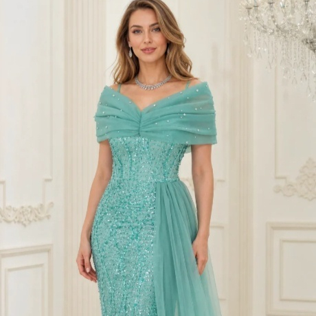 Big-size Women's Sequined Floor-length Fishnet Dress With High Waistline