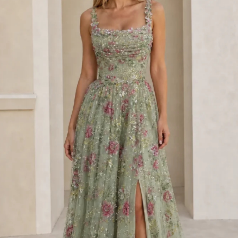 Long-style Lace-embroidered Full-skirt With Straps